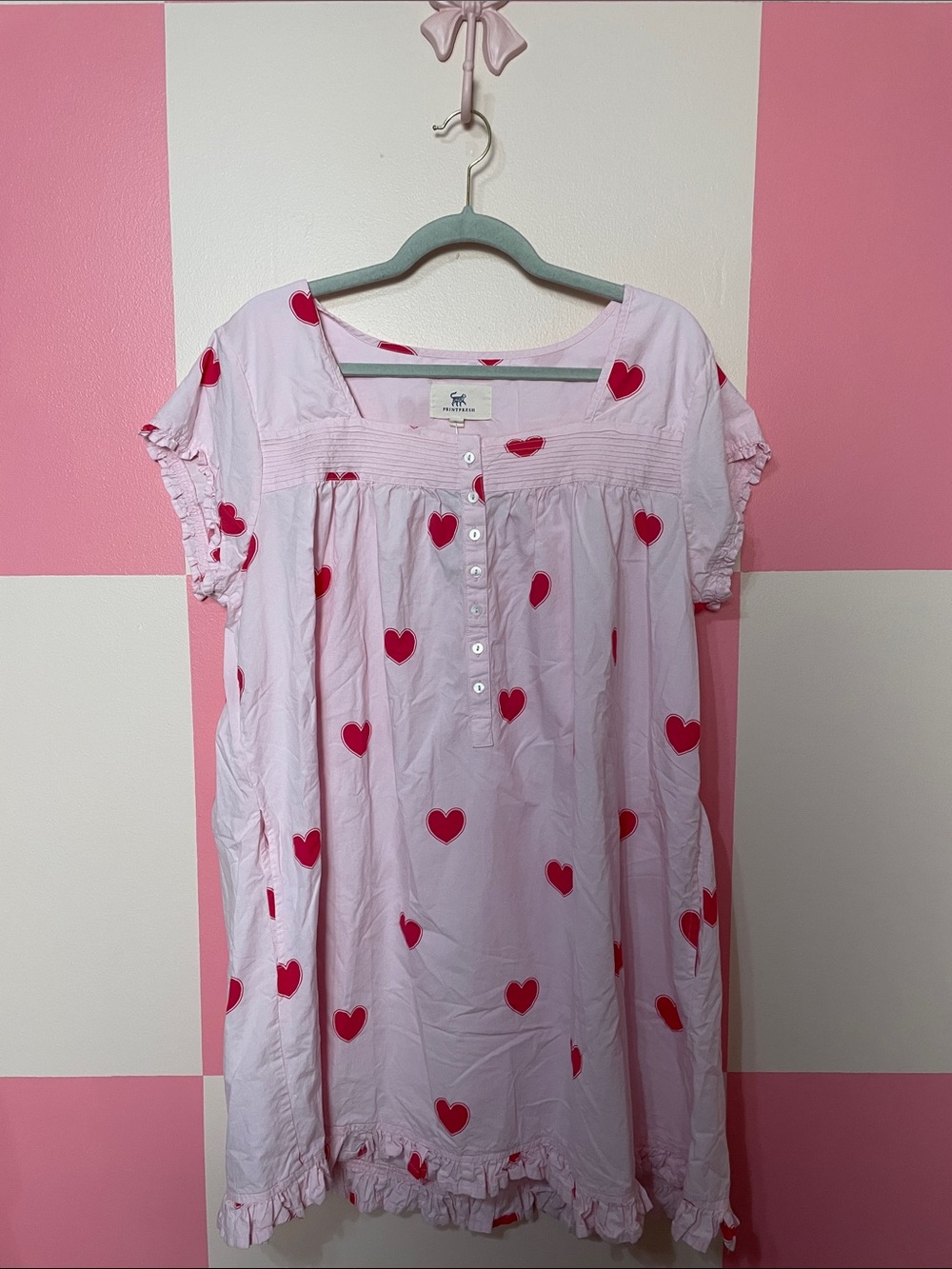 Printfresh Pink Nightgown with Red Heart Print